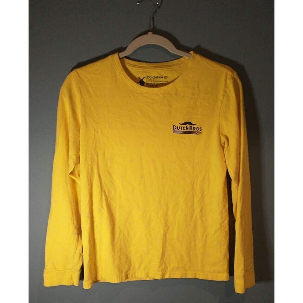 Dutch Bros Mustache Yellow With Pink Windmills Womens Medium Long Sleeve Shirt
